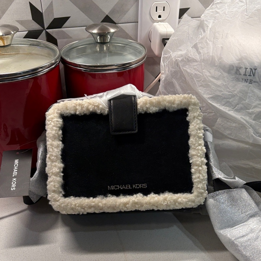Michael Kors Black and Cream Shearling Crossbody Bag w/suede & fur trimmed NWT